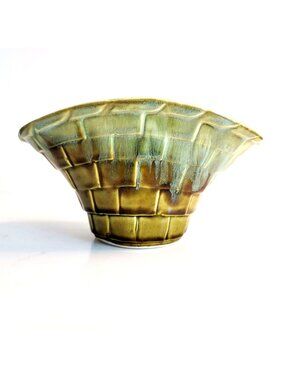Vintage USA Pottery Basket Pot Green Drip Glazed Calif. FC-29 Woven Flared PR01
